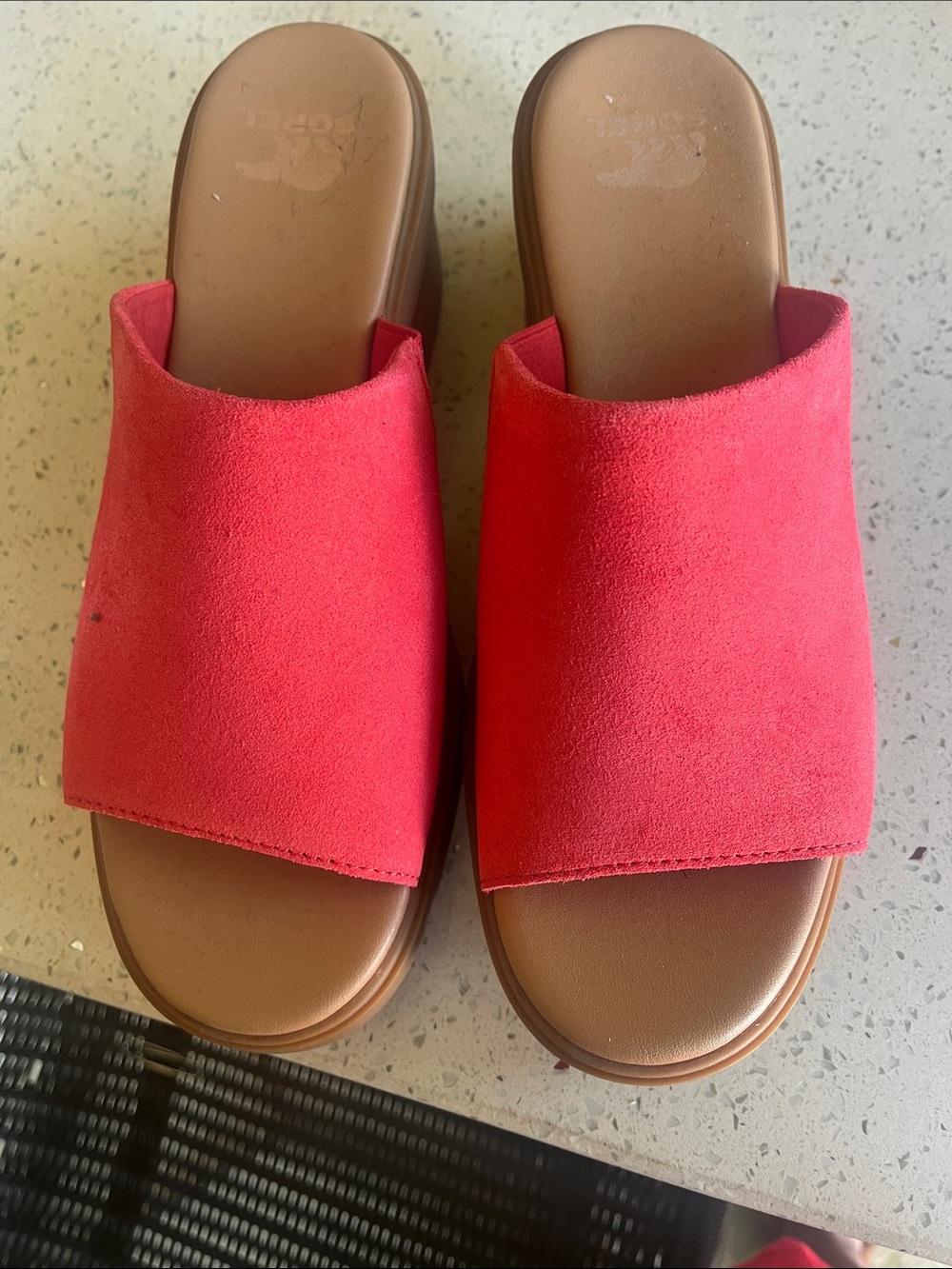 Sorel Women’s Slide Sandals in Bright Orangish-Suede with chunky heel